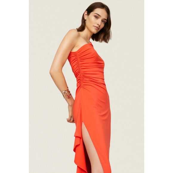 Halston Giana Asymmetrical One Shoulder Long Sleeve Jersey Dress in Orange Sz 0 - Picture 5 of 14